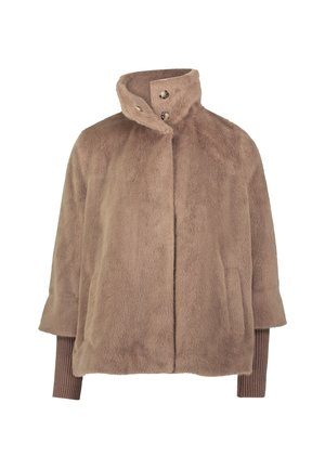 Faux fur jacket in light brown, featuring a high collar, button closure, dropped shoulders, and ribbed knit accents on the sleeves.