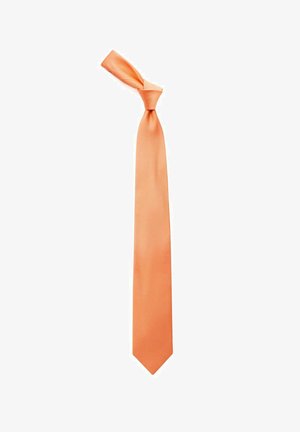 Orange satin slipsbind med en smal form, der har en glat tekstur og et knyttet design øverst. Enden spidser til.