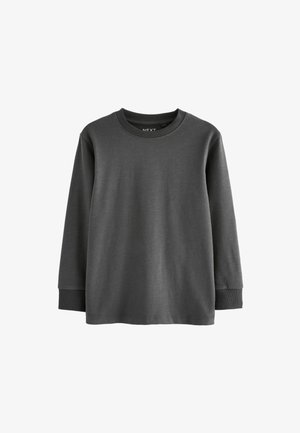Camiseta de manga larga gris hecha de algodón suave. Presenta un cuello redondeado, puños acanalados y un dobladillo recto. No hay estampados ni logotipos visibles.