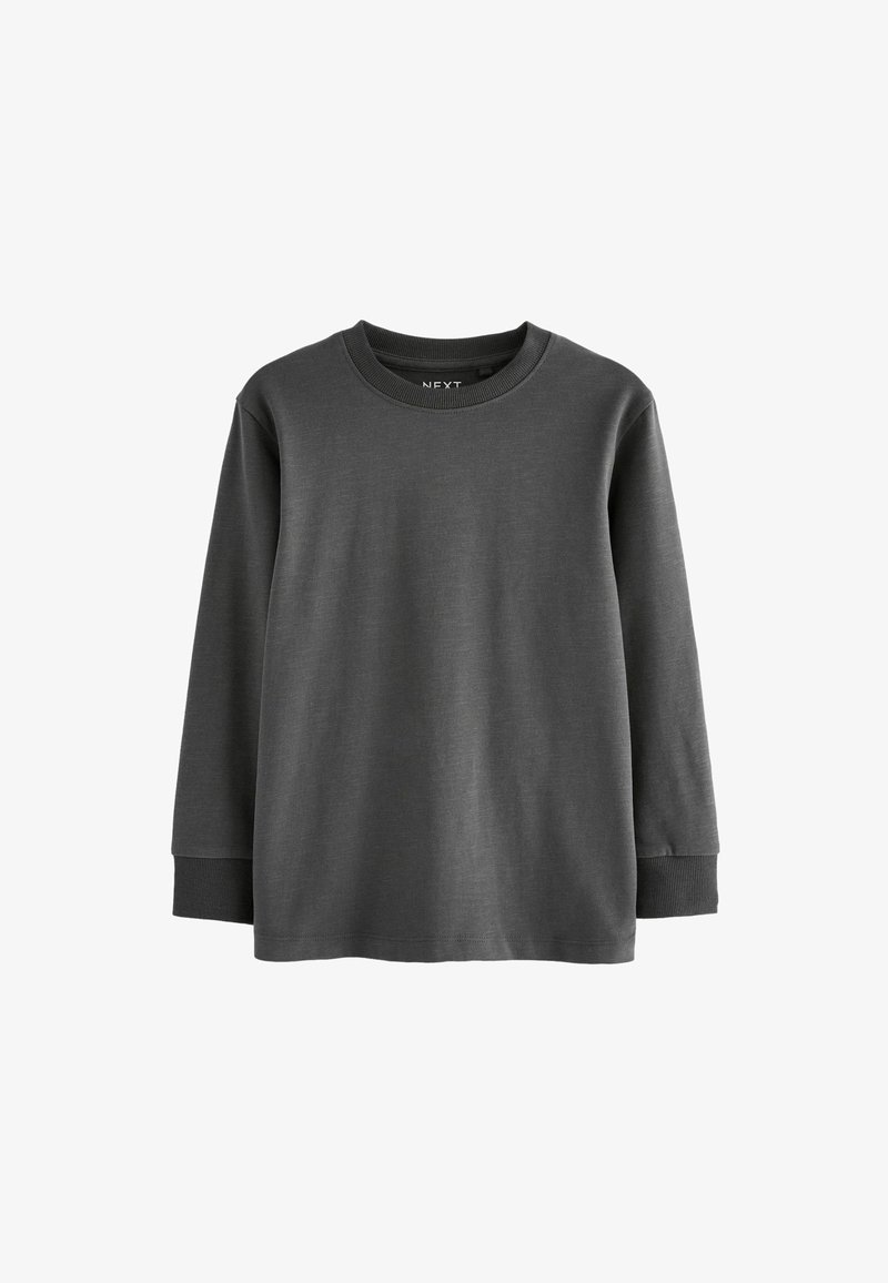 Grå langærmet T-shirt lavet af blød bomuld. Har en rund halsudskæring, ribbede manchetter og en lige søm. Ingen mønstre eller logoer synlige.