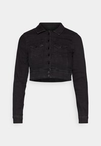 Černá zkrácená denimová bunda s dlouhými rukávy, předním zapínáním na knoflíky, límcem a dvěma náprsními kapsami. Má mírně vybledlý vzhled a klasické švy.