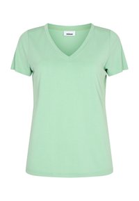 Lysegrøn V-hals T-shirt med korte ærmer, lavet af blødt stof. Har en lige kant og minimale syningsdetaljer.