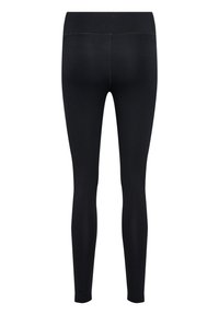 Leggings neri realizzati in tessuto elasticizzato; design aderente con una superficie liscia e vita alta; senza motivi visibili o dettagli in metallo.
