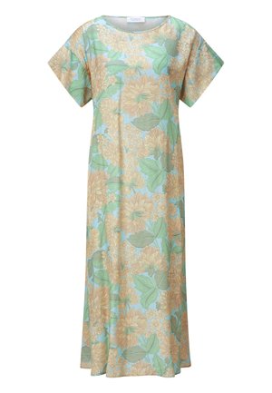 Vestido midi suelto de manga corta con estampado de flores amarillas pastel y hojas verdes sobre fondo azul claro, escote redondo y dobladillo recto.