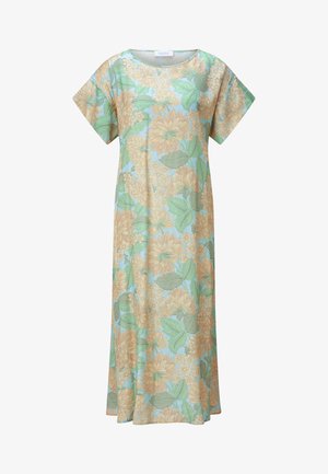 Vestido midi suelto de manga corta con estampado de flores amarillas pastel y hojas verdes sobre fondo azul claro, escote redondo y dobladillo recto.