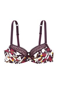 Soutien-gorge à motif floral dans des tons de bordeaux, crème et jaune. Comprend des bordures en dentelle, des bretelles réglables et une fermeture à crochets à l'arrière.