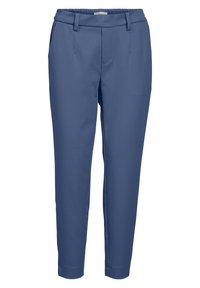 Niebieskie spodnie z dopasowanym krojem, wykonane z gładkiego materiału, z płaskim przodem, szlufkami na pasek i kieszeniami bocznymi. Zwężane nogawki z delikatnym detalem zagniecenia.