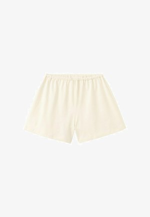 Locker sitzende, cremefarbene Shorts mit elastischem Bund, flach auf weißem Hintergrund präsentiert.