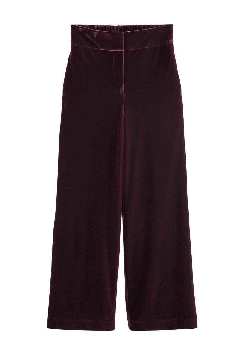 Pantaloni in velluto bordeaux con un design a gamba larga, vita elasticizzata e texture liscia; senza tasche visibili o decorazioni.