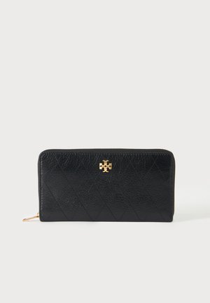 Portefeuille en cuir noir texturé avec matelassage en losange, tirette de fermeture éclair dorée et petit logo doré centré sur le devant.