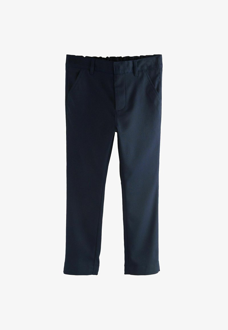 Tamno plave hlače glatke teksture, s pojasom, prednjim džepovima i ravnim nogavicama.