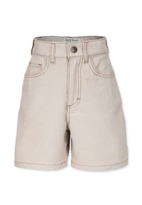 Beiga denimshorts med hög midja, med dragkedja, två framfickor och kontrasterande sömnadsdetaljer.