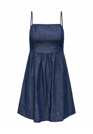Džínová šaty s priliehavou vreckou, nastaviteľnými tenkými popruhmi a rozšírenou sukňou. Tmavomodrá farba s hladkou textúrou a jemným leskom.