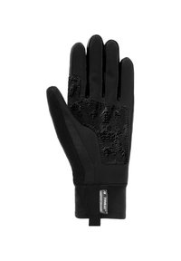 Zwarte handschoenen met een gestructureerd grippatroon op de palm, gemaakt van weerbestendig materiaal, met een strakke pasvorm bij de pols.