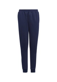 Tumši zili sporta bikses, izgatavotas no kokvilnas maisījuma; sašaurinātas kājas, elastīgs jostasvīrs un aproces; gluda tekstūra, bez redzamām rakstiem vai akcentiem.