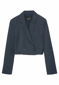Krótka marynarka w kolorze granatowym wykonana z gładkiej tkaniny, z kołnierzem z klapami, dwurzędowym zapięciem oraz dwoma czarnymi guzikami.