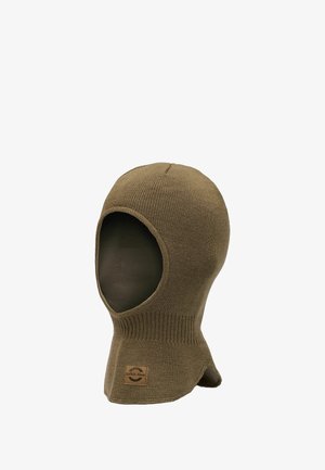 Olive green knitted balaclava with a close-fitting design, a round opening for the face, and a sewn-on logo patch at the base.