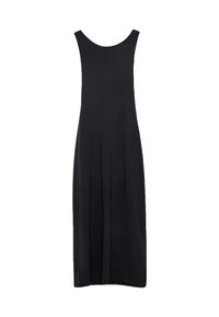 Black sleeveless maxi dress with a scoop neckline and a straight, flowing silhouette against a white background.
