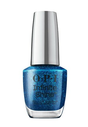 Flacon de vernis à ongles bleu pailleté OPI Infinite Shine avec un bouchon argenté, présenté debout sur fond blanc.