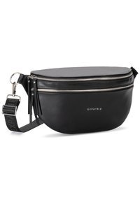 Black leather fanny pack with dual zippered compartments, flat oval shape, adjustable strap featuring brand logo. Textured finish with tassels.