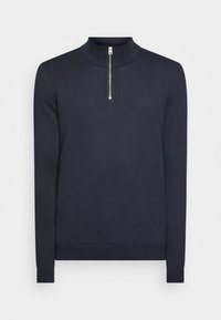 Maglione pullover blu navy con colletto alto a coste e una breve cerniera argentata. Il materiale sembra morbido con una texture liscia.