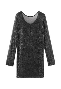 Črna mini obleka z dolgimi rokavi in krožno ovratnikom, popolnoma pokrita z navpično pristrižnimi bleščicami za svetleč učinek.