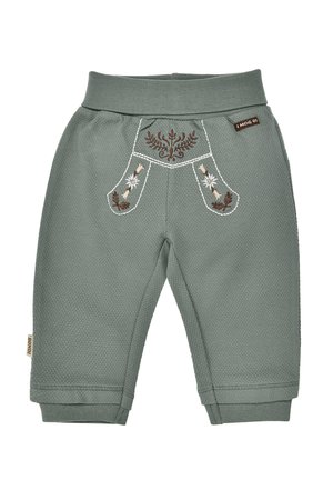 Green textured baby pants with elastic waistband, embroidered floral patterns, and decorative stitching on front.