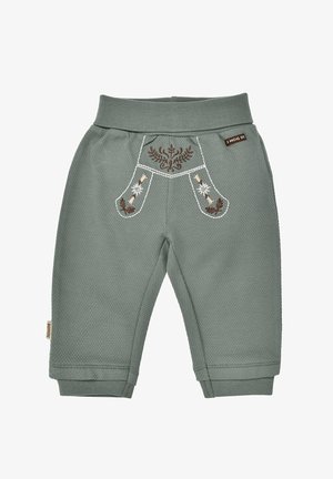 Green textured baby pants with elastic waistband, embroidered floral patterns, and decorative stitching on front.