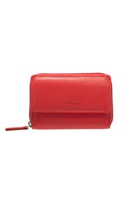 Czerwony skórzany portfel z zamkiem błyskawicznym, gładką fakturą i wyszywanymi detalami. Posiada logo marki z przodu oraz smukły design.