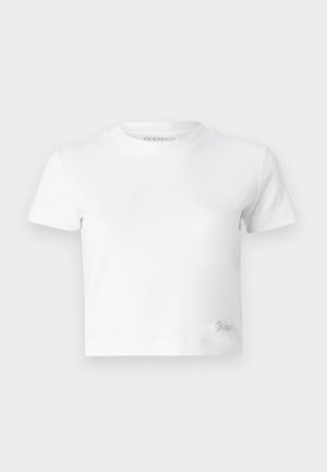 T-shirt cropped bianco realizzato in cotone liscio, con un collo alto e maniche corte. Piccolo logo ricamato nell'angolo inferiore.