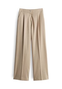Pantalons larges beige avec plis avant, deux poches latérales, fermeture à bouton et texture lisse. Design ajusté avec une finition soignée.