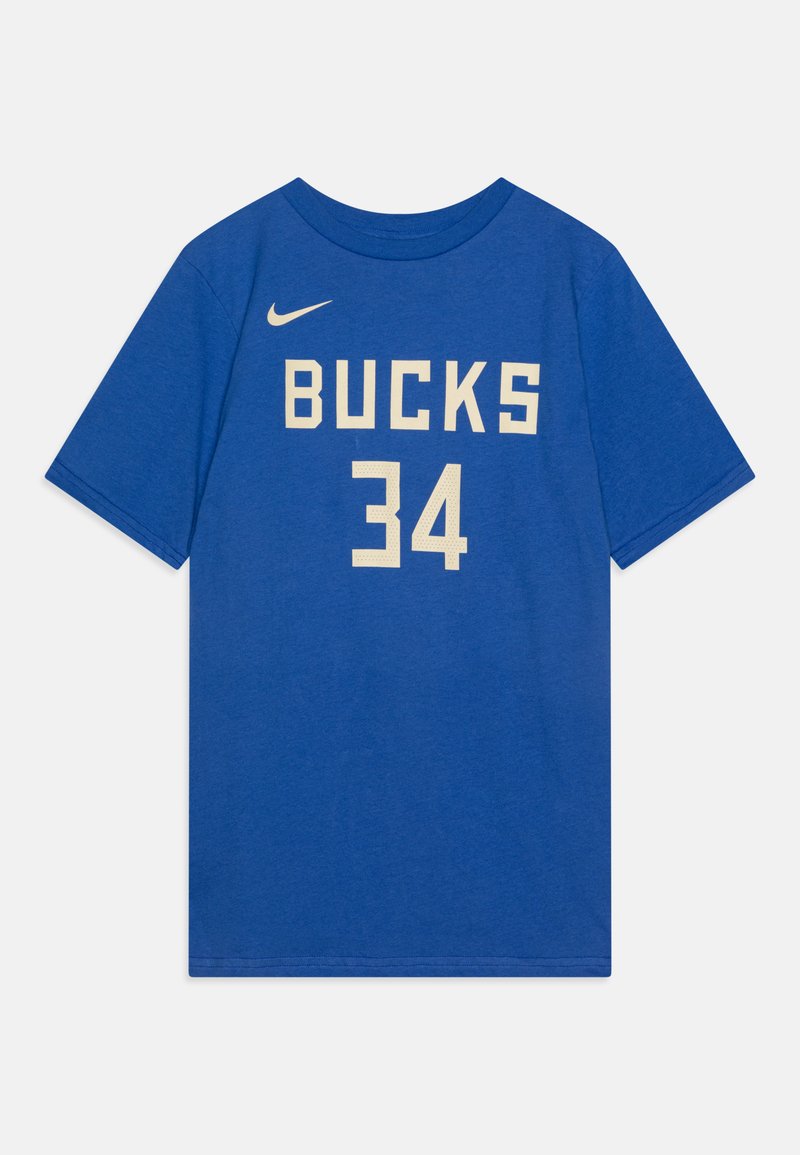 Blue cotton t-shirt with short sleeves, features "BUCKS" and "34" in cream lettering, and a small Nike logo on the shoulder.