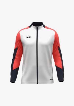 Biała sportowa kurtka na zamek z czerwonymi i czarnymi długimi rękawami, wysokim kołnierzem i logo "JAKO" na lewej piersi.