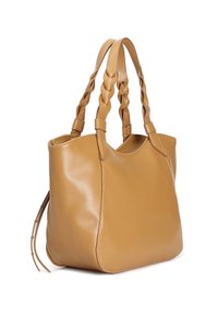 Tan läder tote-väska med flätade handtag, slät yta, rymlig design och en elegant form. Har minimal hårdvara och inga synliga logotyper.