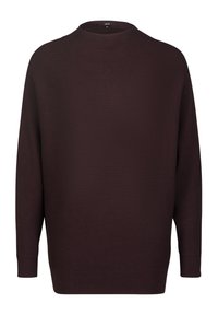Pull marron foncé côtelé avec un col montant, manches longues et coupe décontractée. Texture douce avec un ourlet droit et sans ornement.