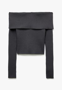 Schulterfreies, geripptes Sweater in Dunkelgrau; hat lange Ärmel und ein gefaltetes Kragen-Design für eine figurbetonte Silhouette.
