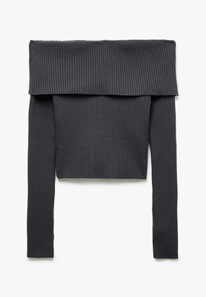 Tummanharmaa off-the-shoulder ribbipaita; siinä on pitkät hihat ja taitettu kaulusmuotoilu, joka luo istuvan siluetin.