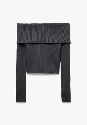 Tummanharmaa off-the-shoulder ribbipaita; siinä on pitkät hihat ja taitettu kaulusmuotoilu, joka luo istuvan siluetin.