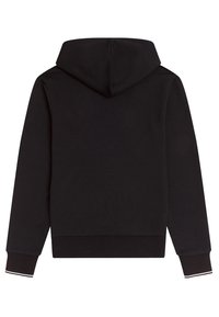 Sudadera negra con un tejido texturizado, con una gran capucha, puños acanalados y un espalda lisa. Diseño minimalista sin logotipos visibles.