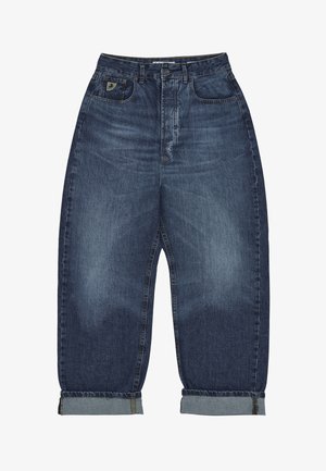 Tmavě modré džíny z denimu s vysokým pasem, přímým střihem nohavic, ohrnutými lemy a předním kapsou s logovou nášivkou.