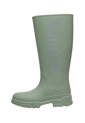 Green rubber boot with a smooth texture, high shaft, and thick sole. Features "KUBOTA" embossed on the side for notable branding.