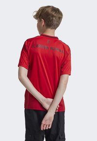 Maillot rouge du FC Bayern München avec un col rond, des manches courtes et des accents noirs. Le texte au dos indique "FC BAVARIA MÜNCHEN."