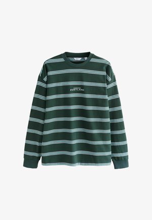 Grünes Langarmshirt mit weißen und hellblauen horizontalen Streifen. Verfügt über einen Rundhalsausschnitt und den Schriftzug "OREGON PORTLAND" auf der Vorderseite.