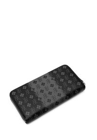 Black leather wallet featuring an embossed pattern of flowers and initials, with a smooth texture and a zip closure along one side.