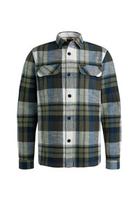 Chemise en flanelle avec un motif à carreaux bleu, vert et blanc, manches longues, fermeture à boutons sur le devant et deux poches poitrine. Texture douce.