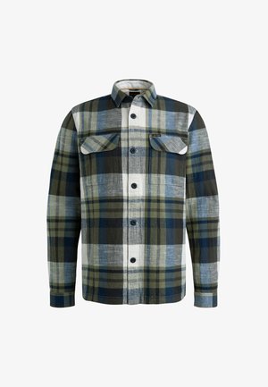 Flanellhemd mit blauem, grünem und weißem Karomuster, langen Ärmeln, Knopfverschluss vorne und zwei Brusttaschen. Weicher Stoff.