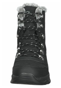 Botte d'hiver noire avec bordure en fourrure et lacets noirs réfléchissants passés dans des œillets métalliques, vue de face.