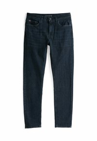 Donkerdenim jeans met een recht gesneden pijp, vijf-pocket ontwerp, sluiting met een voorste knoop en subtiele vervaging; heeft een merketiket op de tailleband.