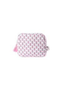 Pochette trapuntata bianca con motivi floreali rosa, dettaglio a nappina e bordo rosa. Forma rettangolare con maniglia laterale per un facile trasporto.