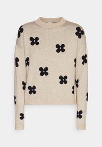 Beiger Strickpullover mit schwarzen Blumenmustern, Rundhalsausschnitt, langen Ärmeln und lockerem Schnitt. Weiche Textur sowie gerippte Bündchen und Saum.